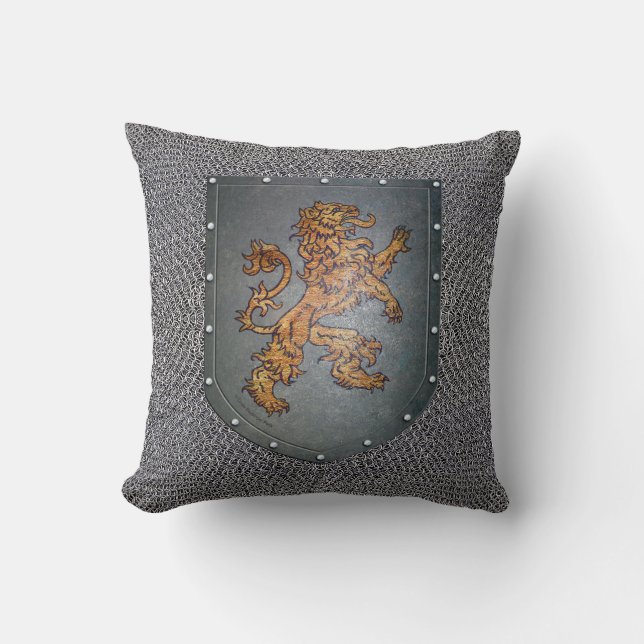 Mediaeval Chainmail Metal Shield Lion Cushion (Front)