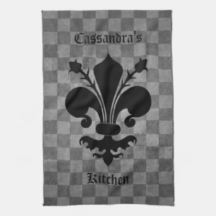 Mediaeval chequerboard fleur de lis tea towel