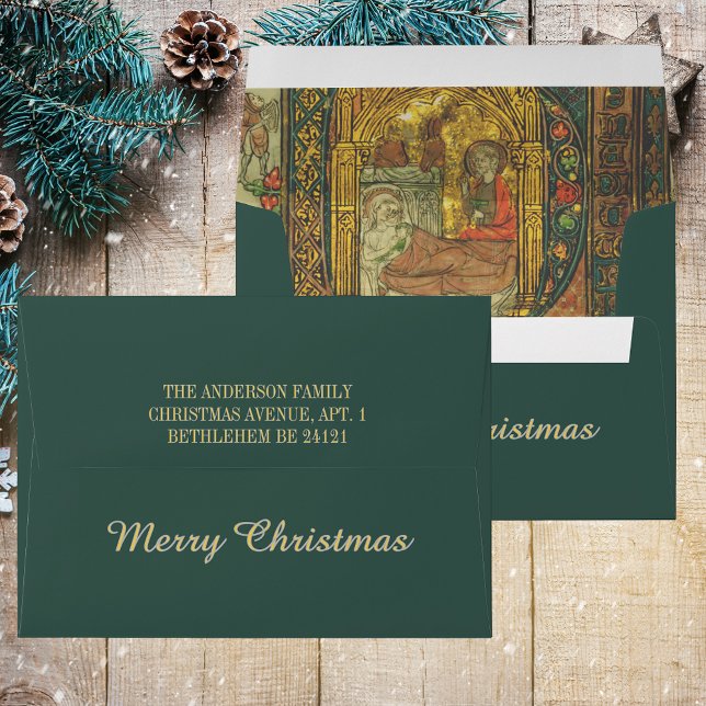 Mediaeval Christmas Nativity Christian Catholic Envelope (Medieval Christmas Nativity Scene Christian Catholic Gold Elegant Holiday Envelope)