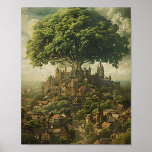 Mediaeval City With Giant Tree Poster