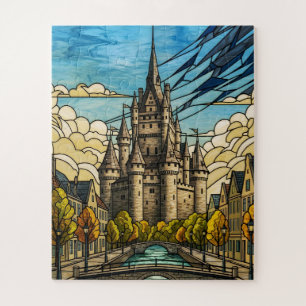Mediaeval Cityscape over Canal Stained Glass Illus Jigsaw Puzzle