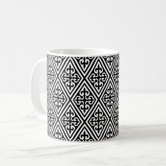 Mediaeval Cross Damask - Black and White Coffee Mug (Front Left)