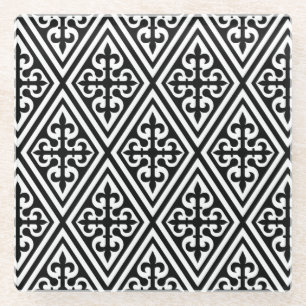 Mediaeval Cross Damask - Black and White Glass Coaster
