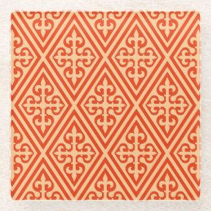 Mediaeval Cross Damask - Coral Orange and Peach Glass Coaster