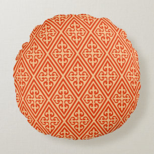 Mediaeval Cross Damask - Coral Orange and Peach Round Cushion
