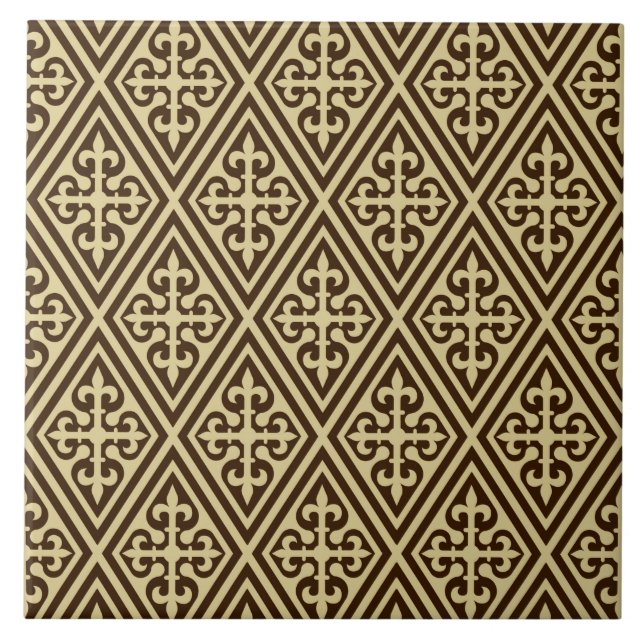 Mediaeval Cross Damask - Dark Brown and Tan Tile (Front)