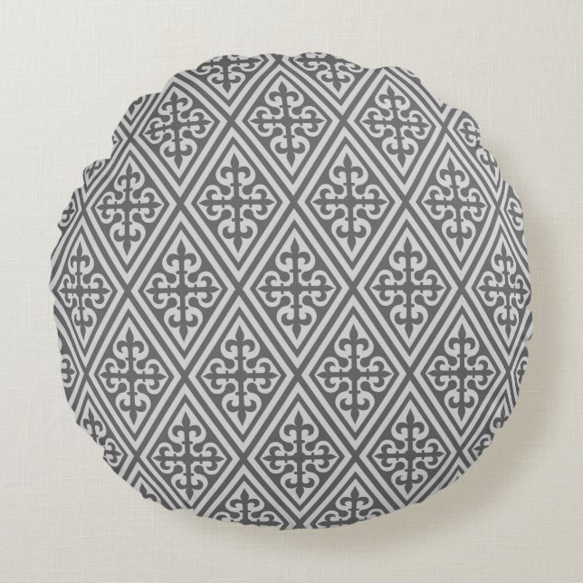 Mediaeval Cross Damask - Silver Grey / Grey Round Cushion (Front)