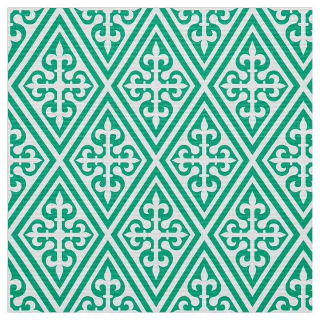 Mediaeval Cross Damask - Turquoise and White Fabric (Swatch)