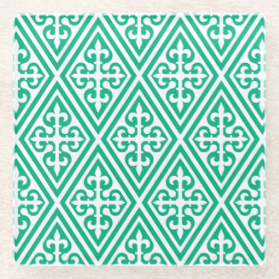 Mediaeval Cross Damask - Turquoise and White Glass Coaster
