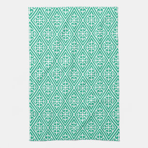 Mediaeval Cross Damask - Turquoise and White Tea Towel