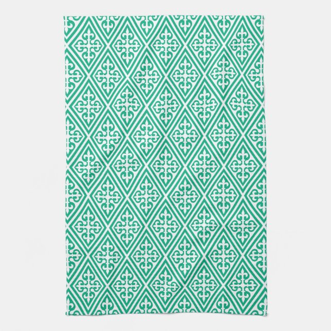 Mediaeval Cross Damask - Turquoise and White Tea Towel (Vertical)