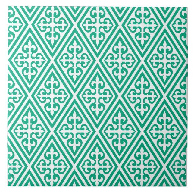 Mediaeval Cross Damask - Turquoise and White Tile (Front)