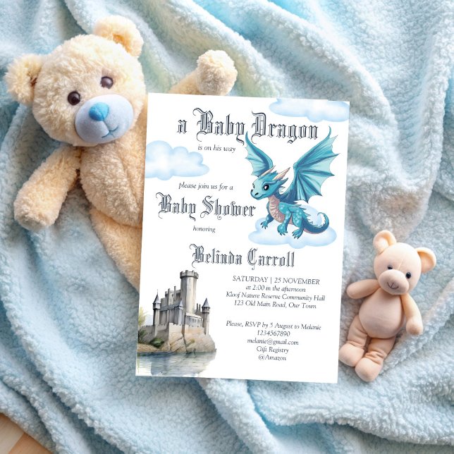 Mediaeval cute baby dragon baby shower invitation (Medieval cute baby dragon baby shower invitation template fantasy blue dragon baby shower invites)