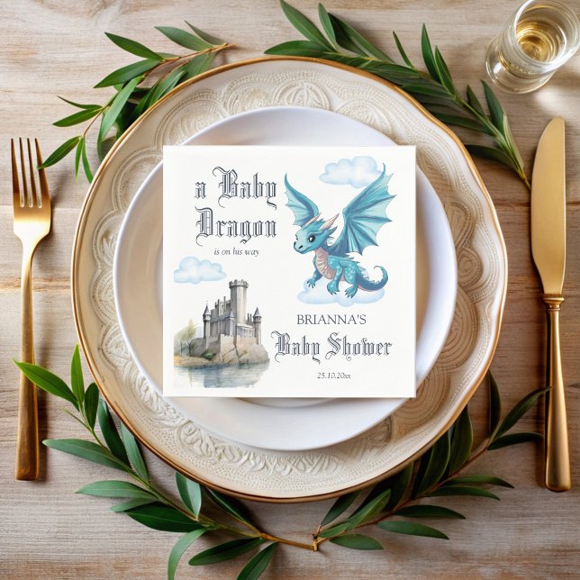 Mediaeval cute baby dragon baby shower monogrammed napkin (Medieval cute blue baby dragon baby shower monogrammed napkins personalized printed napkins)
