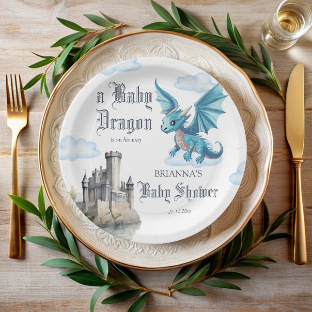 Mediaeval cute blue  dragon baby shower customised paper plate (Medieval cute blue baby dragon baby shower customized paper plates personalized table decor)