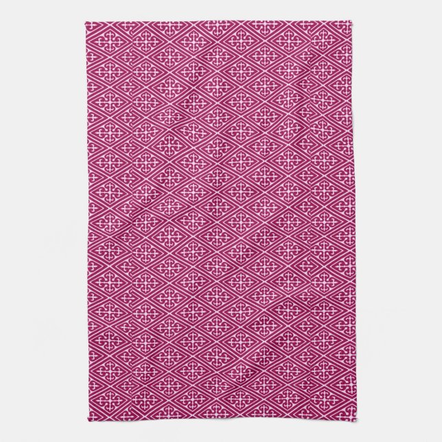 Mediaeval Damask Diamonds, burgundy wine Tea Towel (Vertical)