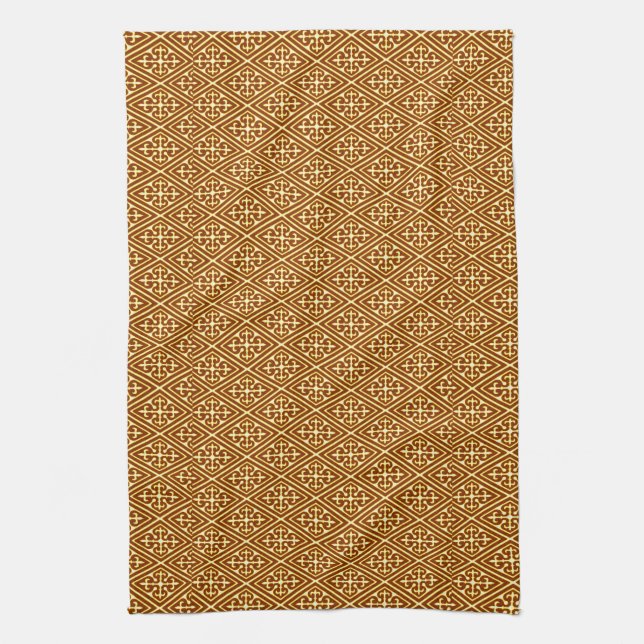 Mediaeval Damask Diamonds, copper and cream Tea Towel (Vertical)
