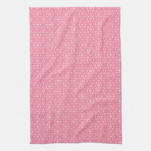 Mediaeval Damask Diamonds, coral pink & white Tea Towel