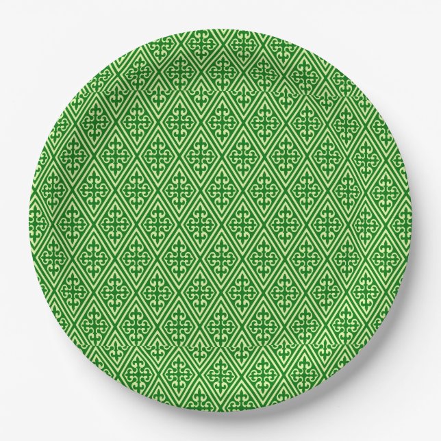 Mediaeval Damask Diamonds, dark pine green Paper Plate (Front)
