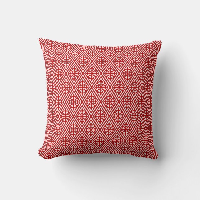 Mediaeval Damask Diamonds, red and white Cushion (Front)