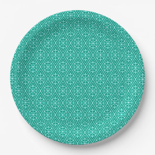 Mediaeval Damask Diamonds, turquoise and aqua Paper Plate