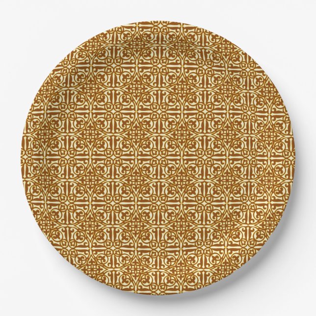 Mediaeval Damask Fleur-de-lis, copper and cream Paper Plate (Front)