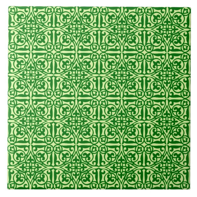 Mediaeval Damask Fleur-de-lis, dark pine green Tile (Front)