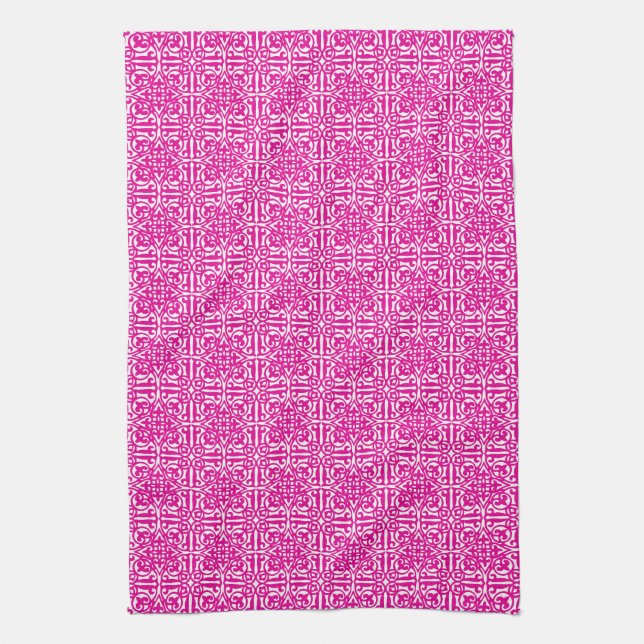 Mediaeval Damask Fleur-de-lis, magenta and white Tea Towel (Vertical)