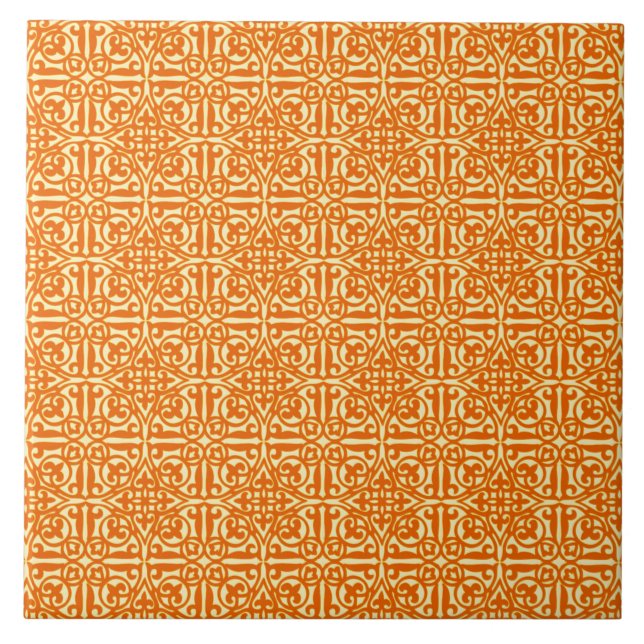 Mediaeval Damask Fleur-de-lis, mandarin orange Tile (Front)