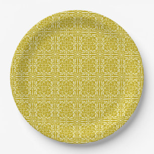 Mediaeval Damask Fleur-de-lis, mustard gold Paper Plate