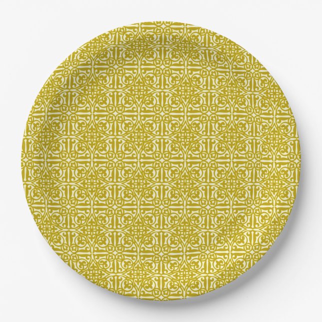 Mediaeval Damask Fleur-de-lis, mustard gold Paper Plate (Front)