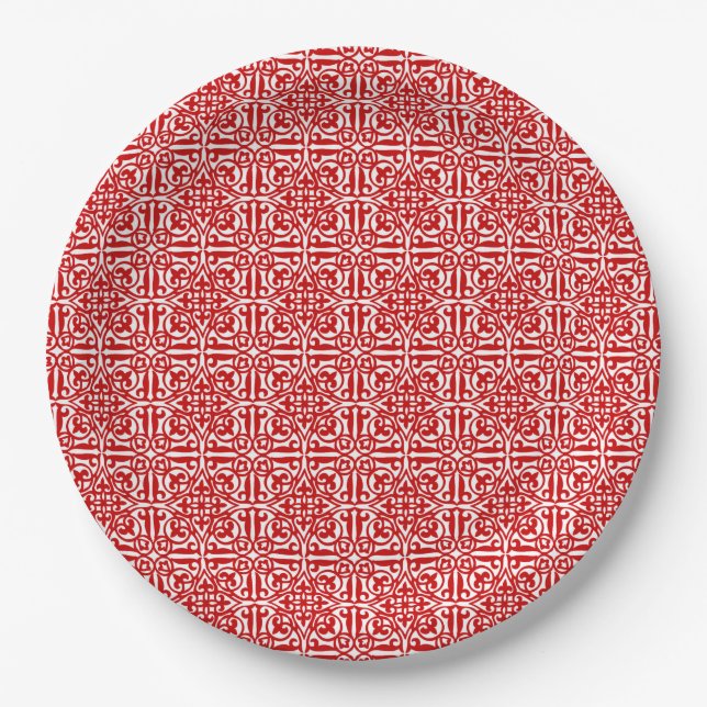 Mediaeval Damask Fleur-de-lis, red and white Paper Plate (Front)