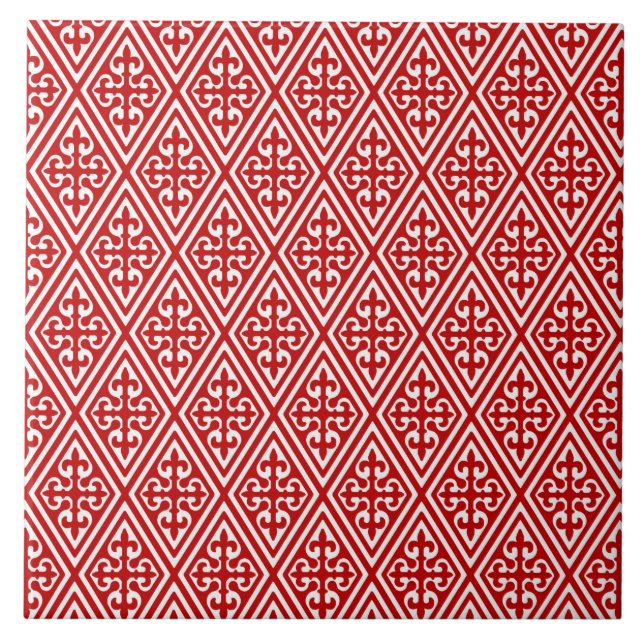 Mediaeval Damask Fleur-de-lis, red and white Tile (Front)
