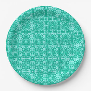 Mediaeval Damask Fleur-de-lis, turquoise & aqua Paper Plate