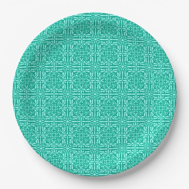Mediaeval Damask Fleur-de-lis, turquoise & aqua Paper Plate (Front)