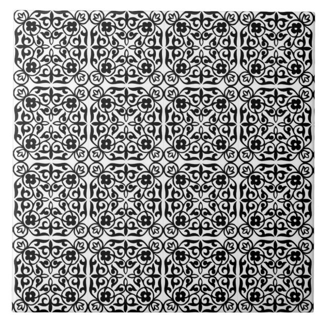 Mediaeval Damask pattern, black and white Tile (Front)