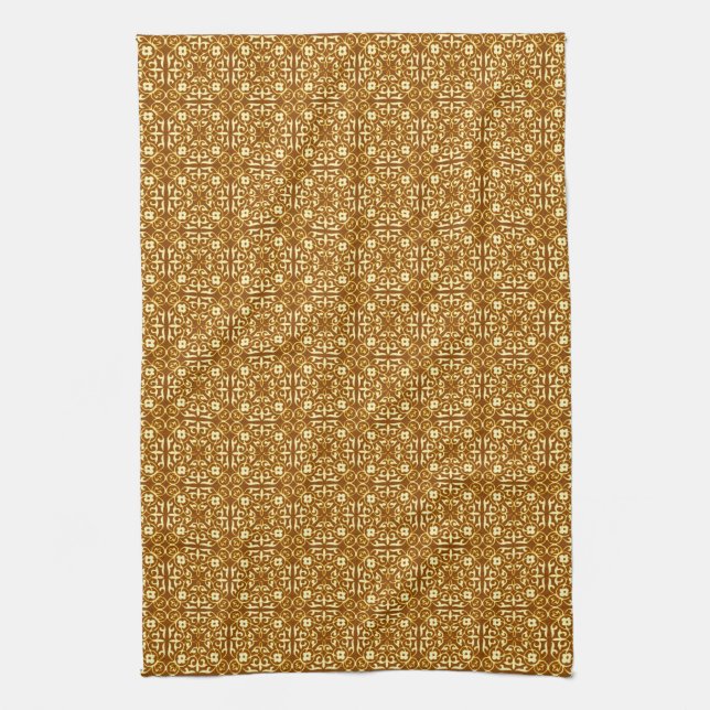 Mediaeval Damask pattern, copper and cream Tea Towel (Vertical)