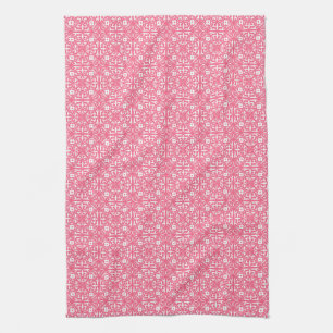 Mediaeval Damask pattern, coral pink & white Tea Towel