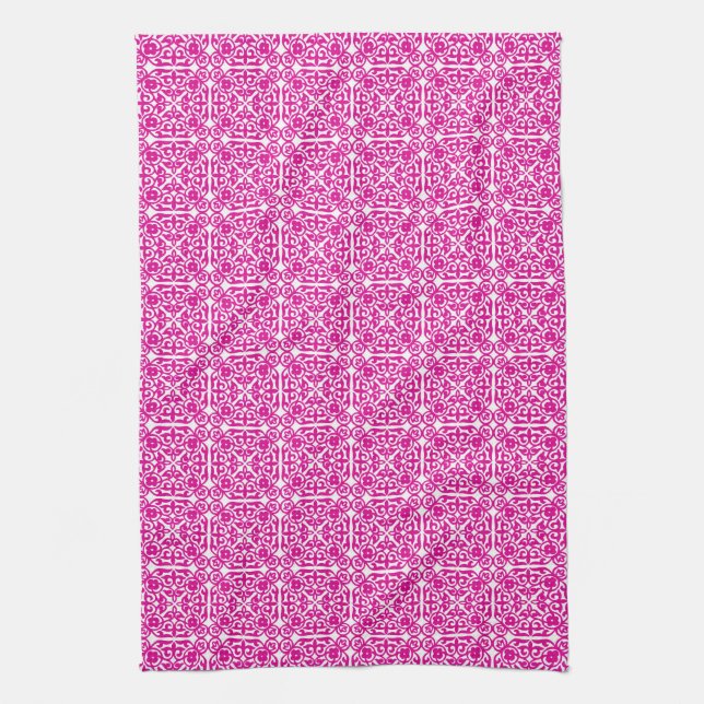 Mediaeval Damask pattern, magenta and white Tea Towel (Vertical)
