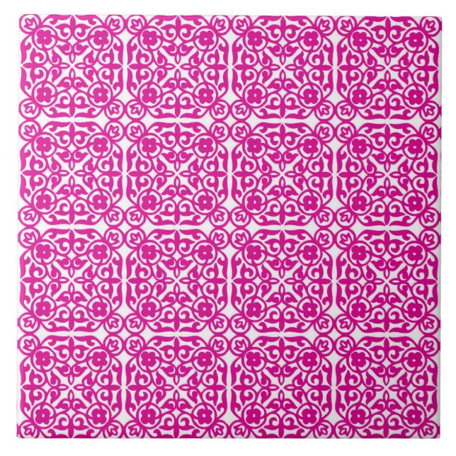 Mediaeval Damask pattern, magenta and white Tile (Front)