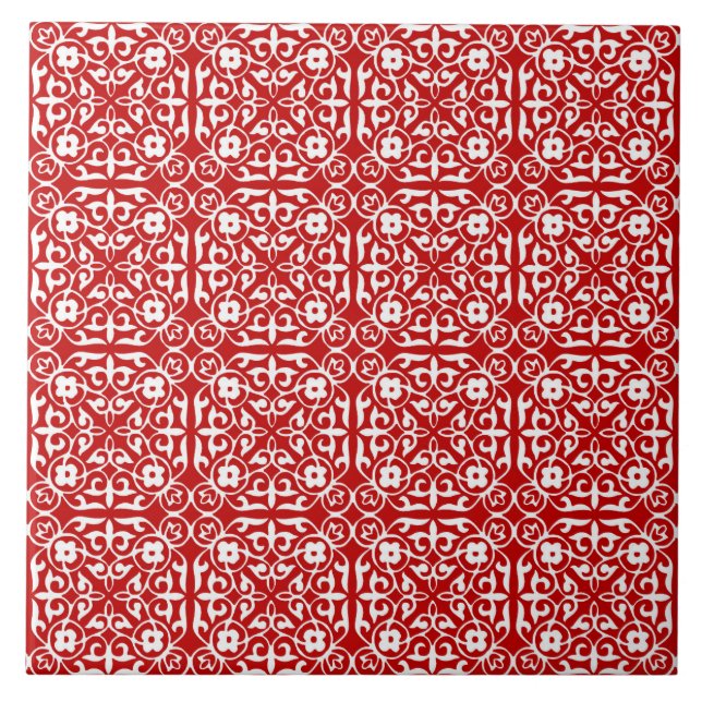 Mediaeval Damask pattern, red and white Tile (Front)