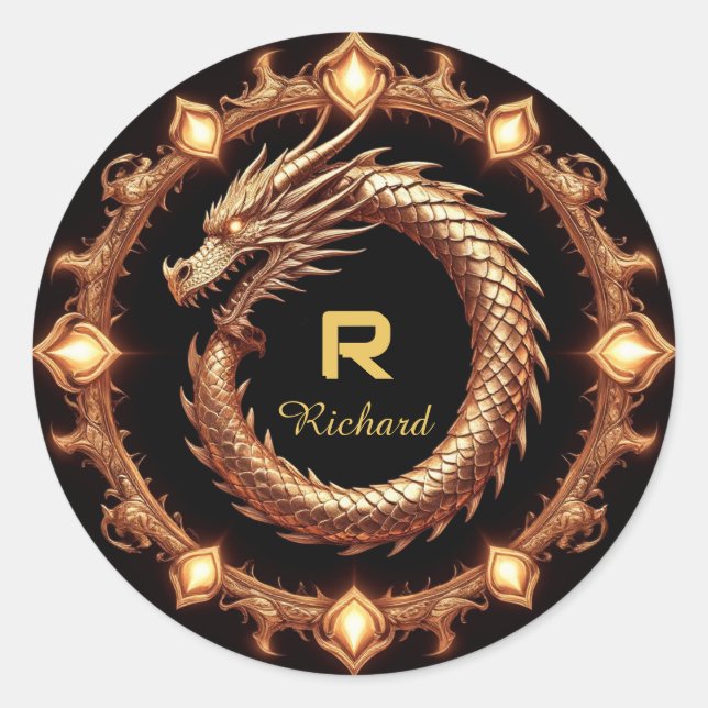 🐉 Mediaeval Dragon Crest Name Ring Frame Emblem � Classic Round Sticker (Front)