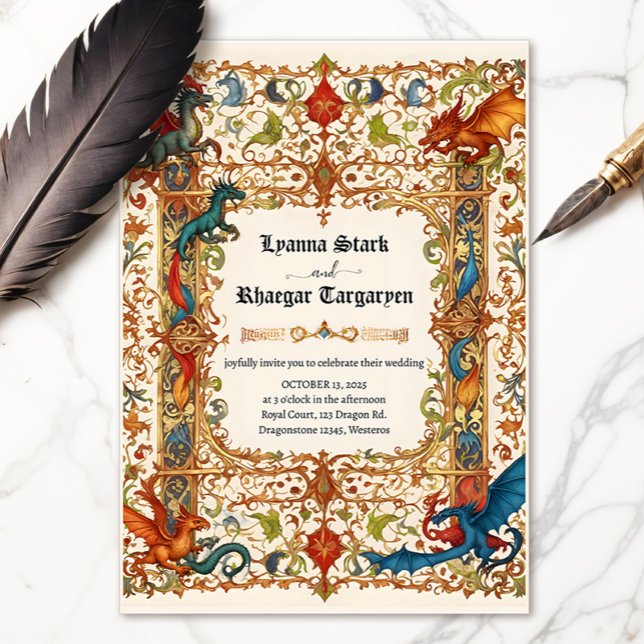 Mediaeval Dragon Invitation, Ancient Manuscript Invitation (Medieval manuscript with dragons invitation)