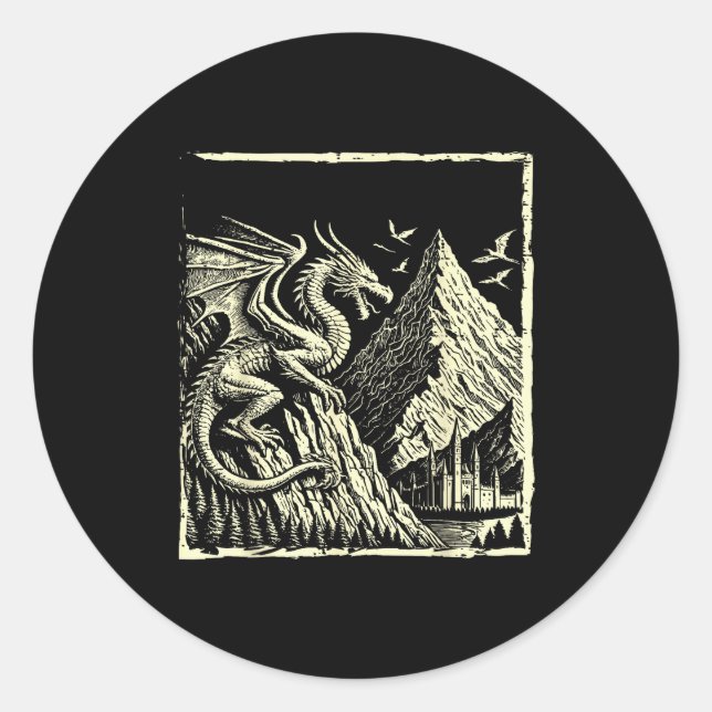 Mediaeval Dragon Mountain Castle Mythical Men Wome Classic Round Sticker (Front)