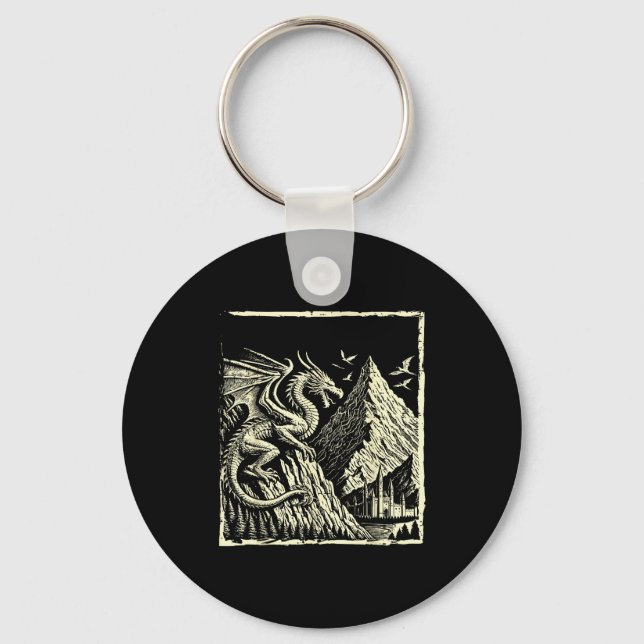 Mediaeval Dragon Mountain Castle Mythical Men Wome Key Ring (Front)