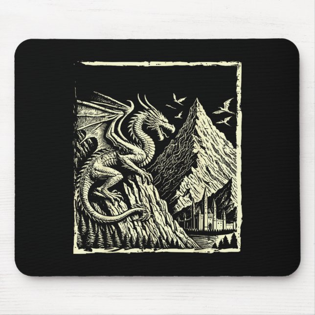 Mediaeval Dragon Mountain Castle Mythical Men Wome Mouse Mat (Front)