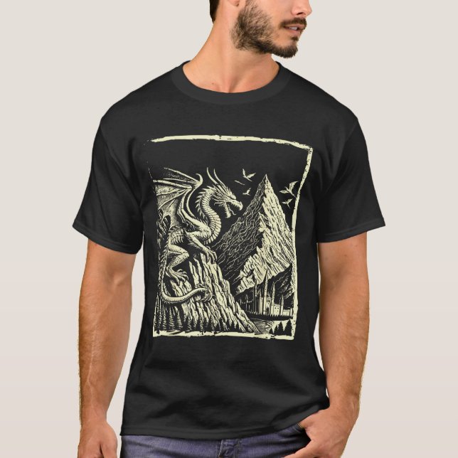 Mediaeval Dragon Mountain Castle Mythical Men Wome T-Shirt (Front)