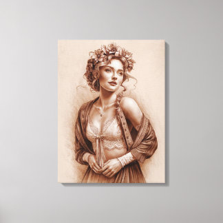 Mediaeval Elegance: Sepia Floral-Crowned Female Bl Canvas Print