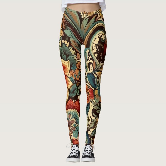 Mediaeval Elegant Floral Vintage Mug Leggings (Front)