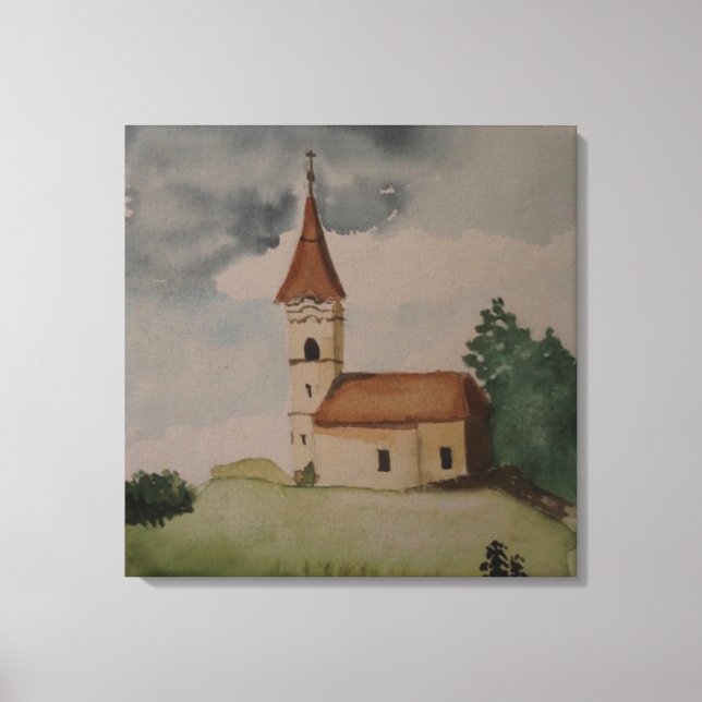 Mediaeval English Church Watercolour Canvas Print (Front)